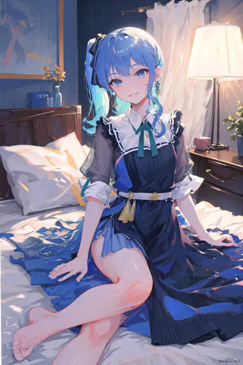 (highly detailed:1.3),
1girl, solo, light smile, indoors, bed, on bed,
<lora:HoshimachiSuiseiV2:1>, HoshimachiSuisei, side ponytail, long hair, blue hair ribbon, nightgown,
Ultra-detail, (highres:1.1), best quality, (masterpiece:1.3), cinematic lighting,