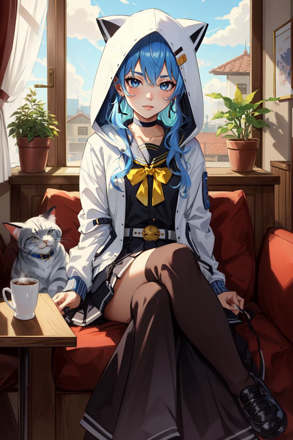 (masterpiece, best quality), intricate details,
1girl, <lora:CHAR-HoshimachiSuiseiV2:0.8> HoshimachiSuisei, side ponytail, blue hair ribbon, SuiseiSchool, long hair, black serafuku, black shirt, black choker, yellow bowtie, grey belt, black skirt, white jacket, hood up, cat hood, open jacket,
indoors, coffee shop, potted plants, window, bookshelf, steaming cup of tea,