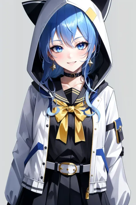 (masterpiece:1.3),(absurdres:1.3),(best quality:1.3),(1girl:1.1),perfect anatomy,SuiseiSchool,long hair,black serafuku,black shirt,black choker,yellow bowtie,grey belt,black skirt,white jacket,hood up,cat hood,open jacket,smile,simple background,portrait,<lora:CHAR-HoshimachiSuiseiV2:0.9>,