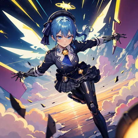 1girl, solo, sky, clouds, expressionless, (android, mechanical arms, mechanical legs, mechanical wings:1.4), halo, SuiseiBase, plaid beret, crown, [blue ascot, plaid jacket, plaid skirt, layered skirt] <lora:hoshimachi_suisei_8_outfits:1>