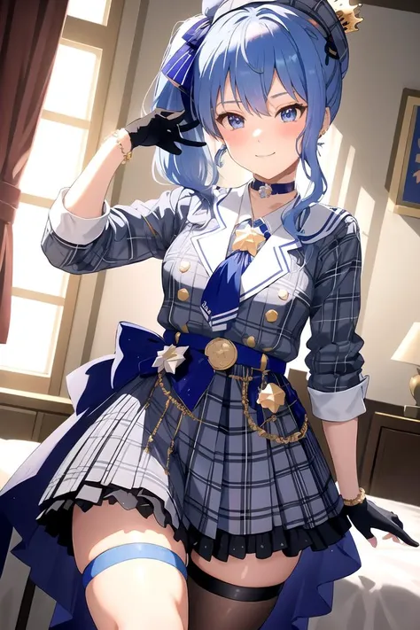 HoshimachiSuisei, side ponytail, blue hair ribbon, SuiseiBase, plaid beret, crown, blue star choker, star earrings, blue ascot, plaid jacket, plaid skirt, layered skirt, partially fingerless gloves, star bracelet, uneven legwear, thigh strap, (looking at viewer,facing viewer,blush,light smile:1.2), indoors, bedroom, <lora:HoshimachiSuiseiV2:1>