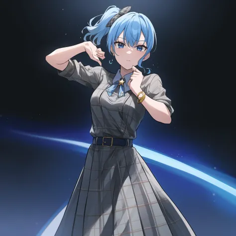 2d, masterpiece, best quality, anime, highly detailed eyes, highly detailed face, studio background, black background, perfect lighting, cowboy shot, feet out of frame, 1girl, solo, standing, dynamic pose, plaid, plaid dress, grey dress, blue belt, blue ribbon, blue hair, blue eyes, star brooch, side ponytail, bangs <lora:hoshimachi suisei:0.7>