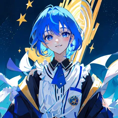 masterpiece, best quality, absurdres, 1girl, solo, Hoshimachi Suisei, blue hair, blue eyes, happy, detailed face, smile, parted lips, bright eyes, ultra detailed eyes, star shaped pupils, stars