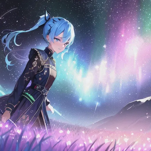 (best quality:1.2), (ultra detailed:1.2), (ultra highres:1.2), (delicate illustration:1.2), naturalistic, figurative, representational, abstract, expressionistic, innovative, experimental, unique, contrast, illustration, masterpiece, impressionistic, best quality, absurdres, perfect anatomy, cowboy shot, smile, parted lips, Suisei, 1girl, solo, light blue hair, blue eyes, hairpin, side ponytail, starry night, stars, shooting star, moon, midnight, sparkling, atmospheric, green grass,, grass plain, lake, reflective water, colorful, vibrant, bloom, quiet, peaceful, landscape, fisheye lens, northern lights, foreground, middle ground, background, stunning, hair ornament, mature, balance, texture, detail, realism, depth, perspective, color, light, Radiant, Luminous, Blossoming, Flourishing, Glowing, Vibrant, Rich, Multicolored, Cheerful, Playful, Serene, Dreamy, Mesmerizing, Captivating, Alluring, Whimsical, Enchanting, Blissful, Ethereal, <lora:hoshimachiSuisei_v10:1>, glowing lights, closeup