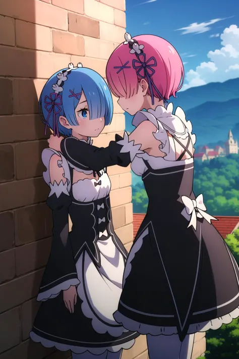 absurdres, highres, ultra detailed, anime, kabedon against wall, <lora:kabedon_from_side_retry:1>, <lora:Oni_Sisters_v2-000026:0.9>, 2girls, ramchi, remrin, hair over one eye, blue eyes, maid, hair ribbon, maid headdress, black dress, roswaal mansion maid uniform, white apron, detached sleeves, cowboy shot, outdoors, against wall, arm at side, brick wall, village