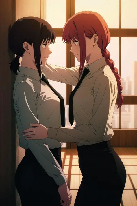 absurdres, highres, ultra detailed, kabedon against wall, <lora:kabedon_from_side_retry:1>, <lora:KobeniMakimaAndPowerV1.5:0.9>, 2girls, kobeni, makima, medium breasts, nervous, smile, white collared shirt, necktie, black pants, cowboy shot, indoors, against wall, arm at side, wall