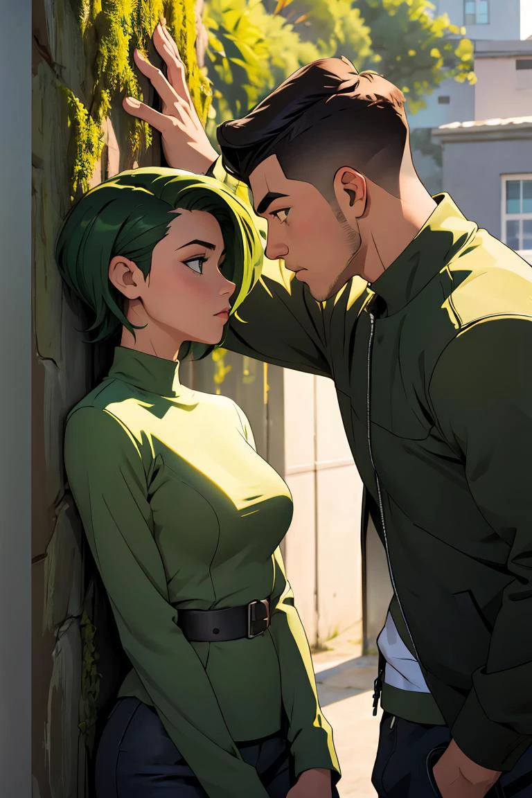 (masterpiece, best quality), 1girl, Moss green Taper Fade with Textured Side Swept Hair, Size B breasts, <lora:kabedon_from_side_retry:1> kabedon against wall