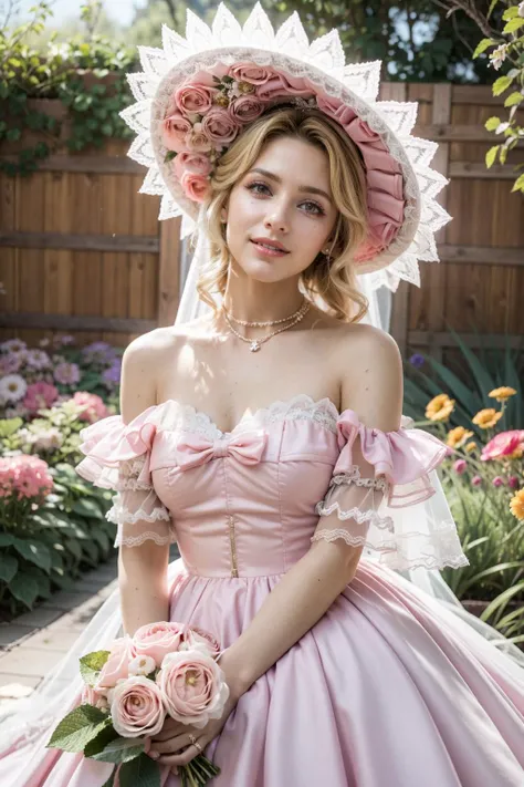 Masterpiece, Best quality, high resolution, realistic , hyperrealism , lifelike photography ,1950s, portrait position, alluring beautiful full body shot, (curly blondish brunette long hair, blue cat-shaped eyes), white skin with freckles, beautiful pink flower hat, beautiful period dress with flower embroidery and details , beautiful golden necklaces & bracelets, elegant bearing, beautiful landscape background of a rose & lilac & orchid garden, high budget , beautiful mesmerizing face and small nose, long and curly sparkling hair , holding a beautiful orange stray cat , clivage , sunset , pink clouds , yellowish red rays at the horizon, elegant posing, beautiful legs, fit body, gorgeous Russian woman sitting on a park bench