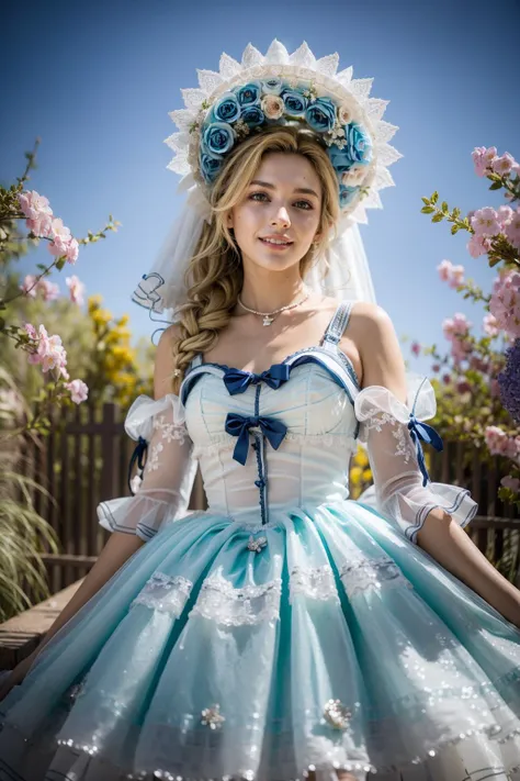 (realistic:1.3), finely detailed, quality, rembrandt lighting, (masterpiece:1.2), (photorealistic:1.2), (best quality), (detailed skin:1.3), (intricate details), dramatic, ray tracing, 1girl, french girl, 21 years old, detailed skin texture, (blush:0.5), (goosebumps:0.5), subsurface scattering, smiling, medium breasts, long hair curls, bangs, hair between eyes, blonde hair, lo dress, blue dress, bonnet, veil, gown, frills, bow, ribbons, detached sleeves, cowboy shot, (bright sunny day, garden, flowers, sky), <lora:lo dress_v3.3:0.8>