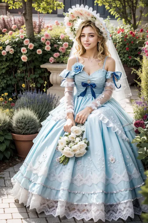 (realistic:1.3), finely detailed, quality, rembrandt lighting, (masterpiece:1.2), (photorealistic:1.2), (best quality), (detailed skin:1.3), (intricate details), dramatic, ray tracing, 1girl, french girl, 21 years old, detailed skin texture, (blush:0.5), (goosebumps:0.5), subsurface scattering, smiling, medium breasts, long hair curls, bangs, hair between eyes, blonde hair, lo dress, blue dress, bonnet, veil, gown, frills, bow, ribbons, detached sleeves, sitting, full body, (bright sunny day, garden, flowers, sky), <lora:lo dress_v3.3:0.8>