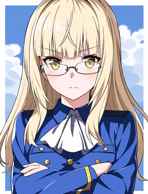 <lora:Perrine6:0.8> 1Girl , Solo , Perrine , upper body, portrait , photoshoot , blonde hair , glasses , yellow eyes , simple blue background with clouds , white ascot , military , uniform , black pantyhose , panties under pantyhose , buttons , looking at viewer , facing viewer , crossed arms , disdain , aesthetic border ,