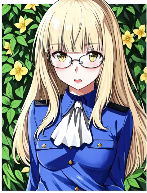 <lora:Perrine6:0.8> Perrine , solo , upper body, portrait , photoshoot , blonde hair , glasses , yellow eyes , garden background with fancy flower border , white ascot , military , uniform , black pantyhose , panties under pantyhose , buttons ,