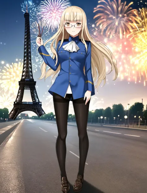 <lora:Perrine6:0.75> Perrine , solo , military , white ascot , glasses , pantyhose , full body portrait , facing viewer , standing in paris , eiffel tower , at night , fireworks , no pants ,
