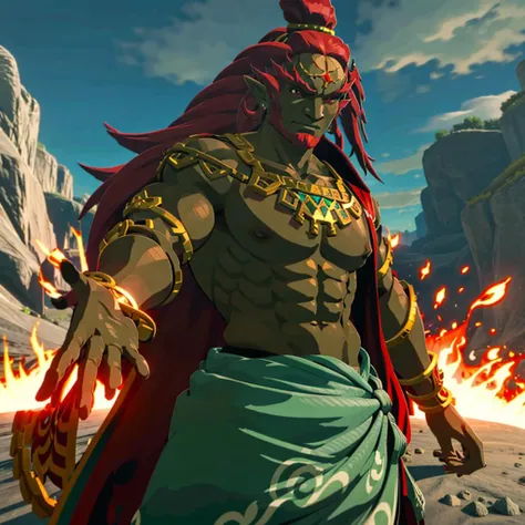 <lora:botw_style_offset:1>, <lora:lora:1>, ganondorf, long hair, red hair, robe, menacing look, thick red eyebrows, haggard, black attire, broad stance, broad shoulders, green skin, red eyes, aged face, middle aged