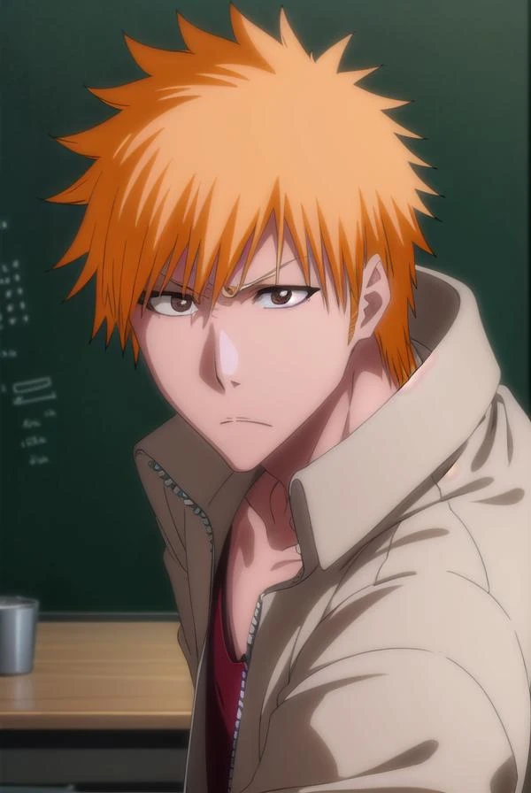 ichigokurosaki, <lora:ichigokurosaki-lora-nochekaiser:1>,
ichigo kurosaki, short hair, orange hair, spiked hair, (brown eyes:1.5),
BREAK shirt, long sleeves, school uniform, jacket, white shirt, open clothes, open jacket, grey jacket,
BREAK looking at viewer, upper body,
BREAK indoors, classroom,
BREAK <lyco:GoodHands-beta2:1>, (masterpiece:1.2), best quality, high resolution, unity 8k wallpaper, (illustration:0.8), (beautiful detailed eyes:1.6), extremely detailed face, perfect lighting, extremely detailed CG, (perfect hands, perfect anatomy),