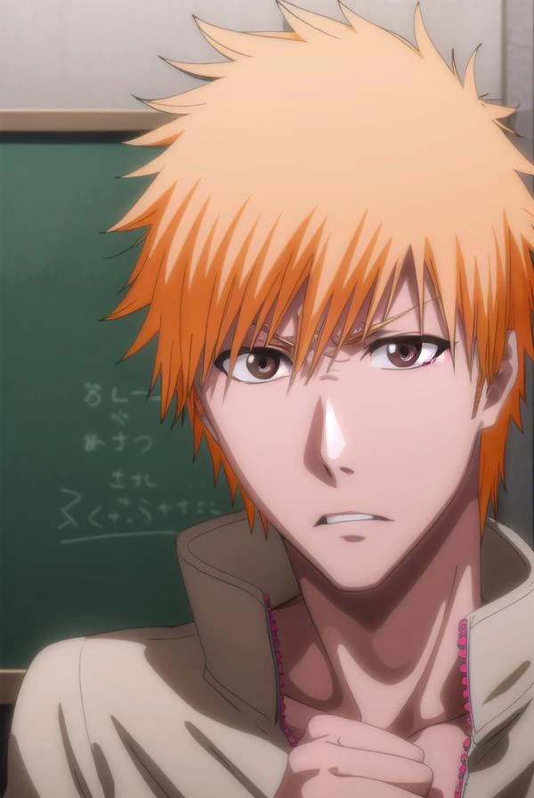 ichigokurosaki, <lora:ichigokurosaki-lora-nochekaiser:1>,
ichigo kurosaki, short hair, orange hair, spiked hair, (brown eyes:1.5),
BREAK shirt, long sleeves, school uniform, jacket, white shirt, open clothes, open jacket, grey jacket,
BREAK looking at viewer, upper body,
BREAK indoors, classroom,
BREAK <lyco:GoodHands-beta2:1>, (masterpiece:1.2), best quality, high resolution, unity 8k wallpaper, (illustration:0.8), (beautiful detailed eyes:1.6), extremely detailed face, perfect lighting, extremely detailed CG, (perfect hands, perfect anatomy),