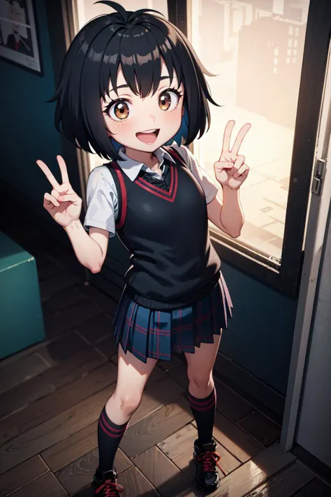 <lora:peni_parker:1> 1girl, peni parker, pleated skirt, brown eyes, smile, open mouth, peace sign, indoors, full body, standing, black footwear