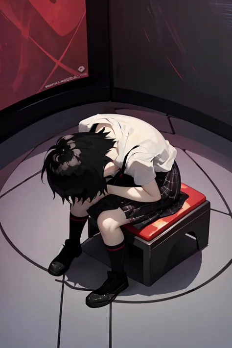 masterpiece,best quality,1girl,solo,peniparker,(black hair),short hair,pale skin,spider web,shinjichair,sitting,head down,simple background,<lora:peni_parker:0.9>,<lora:concept_shinjichair>,