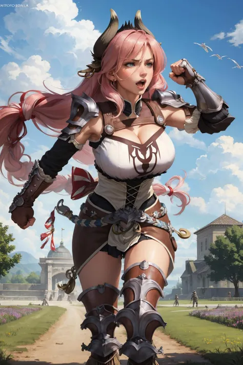 masterpiece, best quality,   <lora:ysragingbull-nvwls-v1-000009:0.9> ysRagingBull, horns, cow ears, earrings, single braid, cleavage, white shirt, bodice, black skirt, shoulder armor, gauntlets, armored legwear, huge breasts, running, fighting stance, furrowed brow, yelling, field, fists