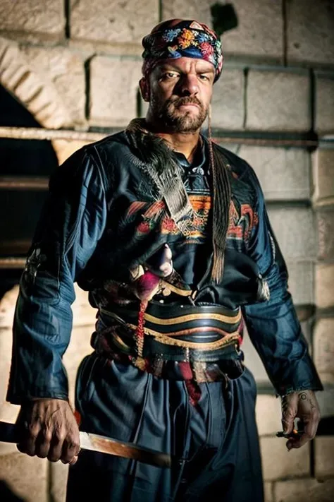 cinematic photo, best quality, HHHBAL01 wearing a long sleeved blue zeybek with a sword, in The Tower of Destiny, 35mm photograph, film, bokeh, professional, 4k, highly detailed <lora:add_detail:1> <lora:EgeErkek-10 (3):.9>