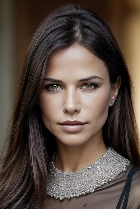 beautiful woman (EPRh0n4M1tr4:.99),(masterpierce, photorealistic, best quality, 8k, dslr, absurdres,award winning photo, extremely detailed, amazing, fine detail, extremely detailed eyes and face),Closeup portrait of a classy woman, looking at viewer, wearing prestigious black Dress with a Sequin Collar, in Lucknow , standing,
