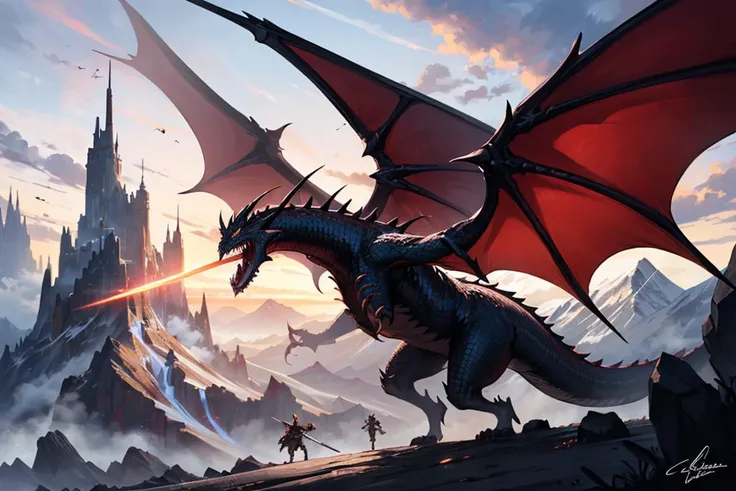 masterpiece, best quality, greg rutkowski, dragon, weapon, sword, breathing fire from mouth, fantasy, armor, holding weapon, both wings outstretched, holding sword, holding, signature, battle, riding, scenery, mountain, outdoors, multiple people , very detailed, high resolution, sharp, sharp image, 4k, 8k,
