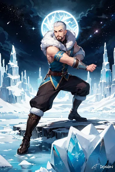 Action scene, dynamic pose, firm stance, combat stance,
Focus on (Hobbit Inspiring their allies with rousing music, Don, Short, Sculpted, Triangular Face, Dark Skin, White Hair, red Eyes, Long Nose, Pouty Lips, Round Chin, Extended Goatee, Crew Cut, Slicked Back, A frozen tundra, with icy peaks and frozen lakes stretching as far as the eye can see) fighting (Doppelganger),
In a labyrinthine garden of thorns, where roses bloom with the light of the stars,