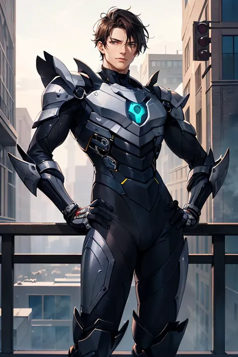 (1man), (male:1.2), mature, defined cheekbones and jawline, finely detailed eyes and face, thin body, distinguished and mature with a touch of ruggedness, sienna skin, leaning against a railing with one hand on hip, Irish, cheerful, reclining, Cybernetic Limbs, Brazillian style lifted butt,,
cybernetic exoskeleton workshop, powered armor, enhanced strength, advanced mobility