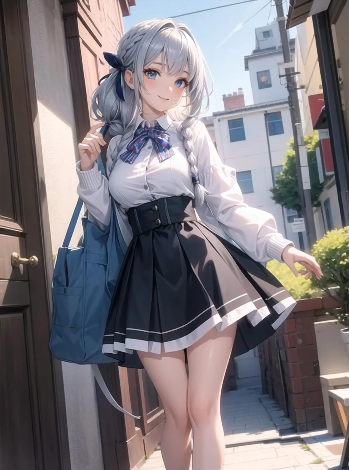 (masterpiece, highest quality, 8k, 16k, high quality, best quality:1.3, absurdres, highres, digital art, intricate),
ung girl, standing, full body,
detailed beautiful face, smile,
detailed beautiful eyes, looking at viewer,
braid, hair ribbon, silver middle hair, blue inner hair,
(large breasts),
(cardigan, checked skirt, mini skirt),
<lora:add_detail:0.1>, <lora:hairdetailer:0.2>,