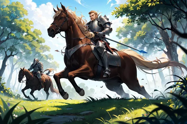 Action scene, dynamic pose, firm stance, combat stance,
Focus on (Knight Charging into battle on horseback, wielding a lance and clad in heavy armor, King, Tall, Obese, Oval Face, Olive Skin, Blonde Hair, Brown Eyes, Long Nose, Full Lips, Round Chin, Chinstrap, Very Long, Slicked Back, An ancient, mystical ruin, hidden deep in a dense, overgrown jungle) fighting (Hill Giant),
In a windswept plain, where nomadic centaurs herd their flocks under a vast sky,