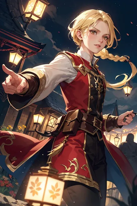 Action scene, dynamic pose, firm stance, combat stance,
Focus on (middle earth, Alchemist Mixing together volatile chemicals to create powerful explosives, Savior, Short, Skinny, Triangular Face, Fair Skin, Golden Blonde Hair, hazel Eyes, Straight Nose, Full Lips, Sharp Chin, Circle Beard, Very Long, Braided, An enchanted meadow, with colorful flowers and magical creatures roaming free, Tolkien) fighting (Vampire),
In a desert city at night, lit by floating lanterns, with a grand palace in the center,
