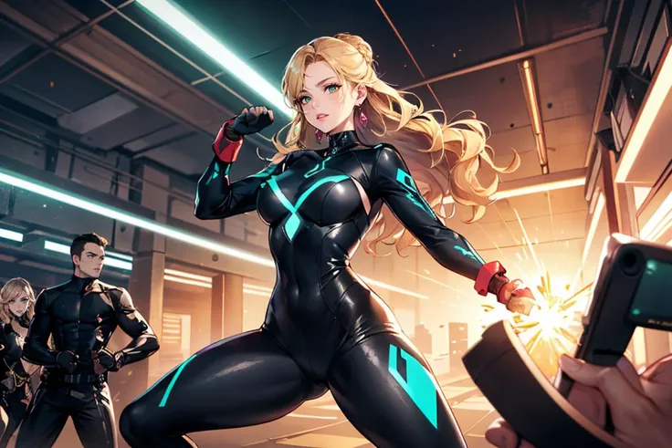 Action scene, dynamic pose, firm stance, combat stance, 
Focus on man wearing futuristic mage uniform,
Hyperdimensional fabric jumpsuits, Lady, Tall, Thin, Diamond-Shaped Face, Olive Skin, Golden Blonde Hair, green Eyes, [[Curved Nose]], Thick Lips, Round Chin, Long Hair, Curly Hair, Formal Updo, firm breasts, Drop earrings, berry, gloss lipstick, Dystopian metropolis