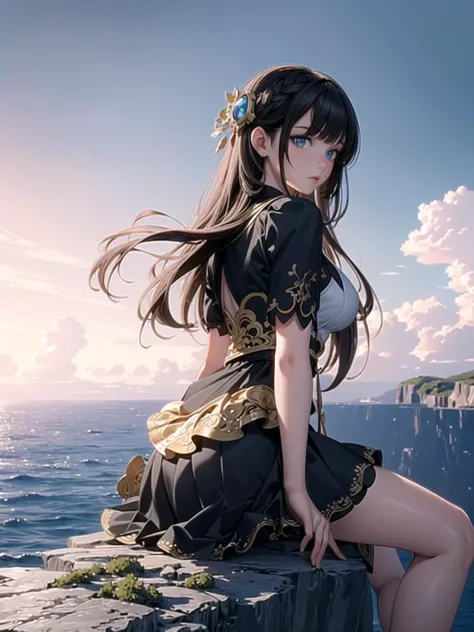 (masterpiece, highest quality, 8k, 16k, high quality, best quality:1.3, absurdres, highres, digital art, intricate),
1 girl, neet girl,
detailed beautiful face,
detailed beautiful eyes,
looking Island of Thunder from side on rock,
blade dress, skirt,
<lora:hairdetailer:0.8>