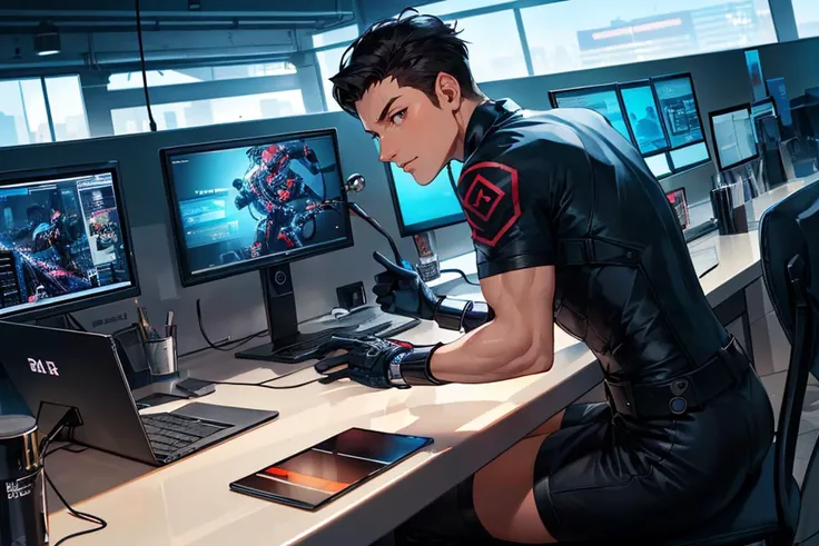 (1man), (male:1.2), mature, square-shaped face with a prominent forehead, finely detailed eyes and face, sturdy body, sense of adventure and curiosity, dark skin, sitting on a chair hands put on the rail, Gypsi, ecstatic, stretching, Electronic Gloves, Unlimited butt!,,
cybernetic crime syndicate hideout, rogue hackers, cybernetic criminals, illegal activities