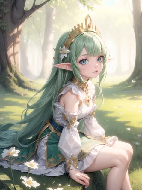 (masterpiece, highest quality, 8k, 16k, high quality, best quality:1.3, absurdres, highres, digital art, intricate),
1 little female child elf,   The Great Auspicious Grass King,
detailed beautiful face,
detailed beautiful eyes,
looking  forest from side on weeds,
widsom dress, skirt, arannara,
 <lora:hairdetailer:1>, <lora:add_detail:1>
