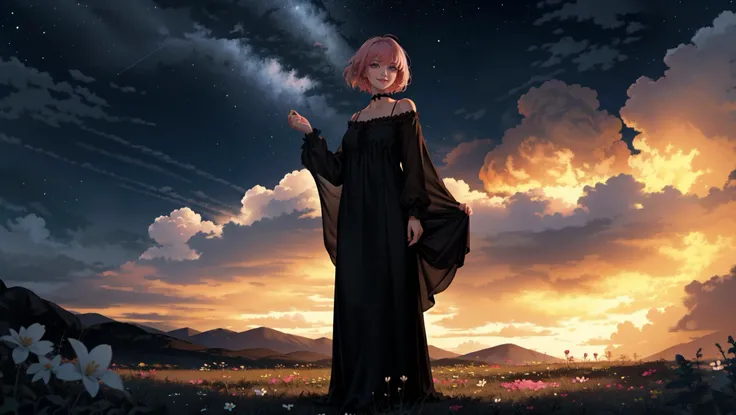 choker,flower,short hair,realistic eyes,smug,sky,mountain,outdoors,cloud,bangs,pink flower,parted lips,lips,mountainous horizon,cloudy sky,standing,holding_flowers,<lora:boathV2:0.3>,dynamic_angle,looking_at_viewer,evil smile,mksks style,SLE,detailed background,wide_shot,depth of field,full body,<lora:LightCoatCG:0.5>,starry,strry light,night,colorful,cloud,star \(sky\),strong wind,floating hair,<lora:LilaBlackNightgownV1:0.5>,black nightgown,arm_up,