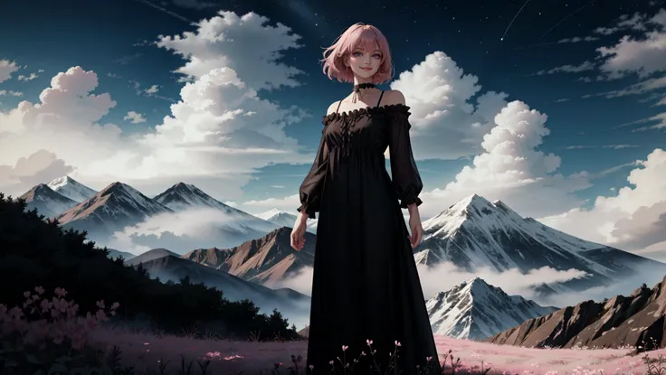 choker,flower,short hair,realistic eyes,smug,sky,mountain,outdoors,cloud,bangs,pink flower,parted lips,lips,mountainous horizon,cloudy sky,standing,holding_flowers,<lora:boathV2:0.3>,dynamic_angle,looking_at_viewer,evil smile,mksks style,SLE,detailed background,wide_shot,depth of field,full body,<lora:LightCoatCG:0.5>,starry,strry light,night,colorful,cloud,star \(sky\),strong wind,floating hair,<lora:LilaBlackNightgownV1:0.5>,black nightgown,arm_up,