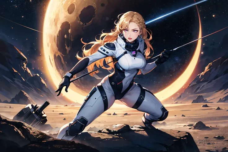 Action scene, dynamic pose, firm stance, combat stance,
Focus on man wearing futuristic mage uniform,
Space suit, Chanteuse, Tall, Fit, Round Face, Dark Skin, Golden Blonde Hair, pink Eyes, Wide Nose, Full Lips, Sharp Chin, Long Hair, Wavy Hair, Side French Braid, round breasts, Threader earrings, burgundy, sheer lipstick, Desolate lunar surface