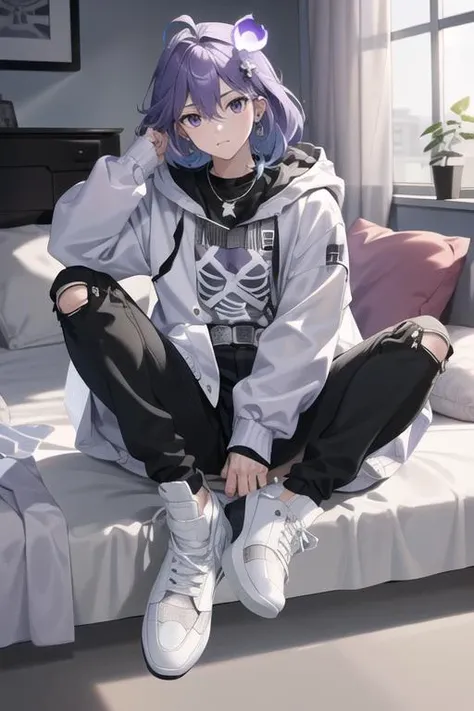 (masterpiece, highest quality, 8k, 16k, high quality, best quality:1.3, absurdres, highres, digital art, intricate),
1boy, white footwear, full body, boots, torn clothes, black shirt, black pants, purple eyes, torn pants, hood, jacket, sleeves past wrists, hair ornament, long sleeves, skeleton print, antenna hair, socks, puffy long sleeves, shoes, jewelry, flower, fanny pack, hitodama, hooded jacket, earrings, cross-laced footwear, minase rio, thick thighs, male focus, solo, inside, bedroom, sitting on bed, <lora:KitsuneAi-Rio-LoCon32-V1:0.8>
<lora:GoodHands-vanilla:1>