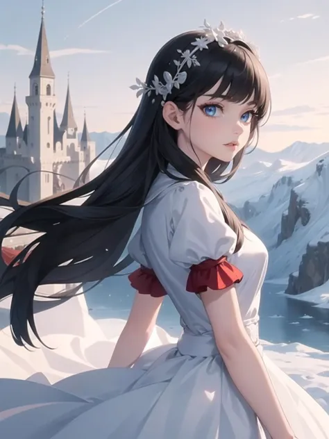 (masterpiece, highest quality, 8k, 16k, high quality, best quality:1.3, absurdres, highres, digital art, intricate),
1 girl, the Snow White who hates heaven,
detailed beautiful face,
detailed beautiful eyes,
looking Cold Countries from side on magma,
snow white dress, long kirt,