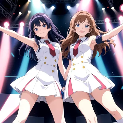 2girl,solo,idol uniform,smile,closed mouth,thigh,
indoors,on stage, stage in the background,
(((from front))),
2D,cel_anime,anime coloring,official_art, detailed_CG,
ray tracing:0.8,intense shadows,
<lora:noribs_v11>,