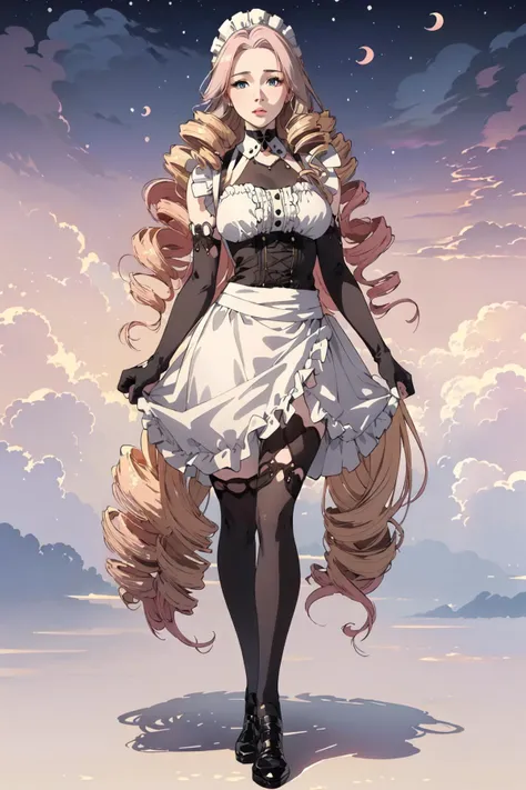 <lora:Overlord - [Girlpack] - Version 1:0.4>, (solution:1.1) , (solo, 1girl), (pale skin:1.1), (cute, beautiful, 16 years old:1.4), (huge breasts:1.0), (choker,maid, elbow_gloves, maid_headdress , white_apron, maid_apron, black_gloves, collar), ((detail town):1.0, starry night sky, outdoors), (full body:1.5), soft light, (expressionless), (looking up to sky), wide viewing angle, ringlets
perfect(face ,eyes , nose, hands , arms), detailed fingers, extremely detailed eyes and face, beautiful detailed nose, beautiful detailed eyes, (RAW photo, best quality), (realistic, photo-realistic:2.0), extremely detailed, CG, 8k Amazing, finely detail, (masterpiece:2.0, best quality), realistic, (real picture, intricate details, depth of field), beautiful detailed girl, wide hips, small waist, glossy pink lips, grey eyes, (((colorful gradient multi-colored blonde hair), drill_hair)), elegant ,slender figure, dynamic pose, <lora:NaturalLargeBreasts:0.7>,  <lora:Night scene_20230715120543:0.7>,