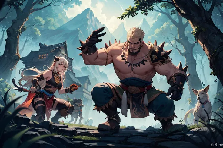 Action scene, dynamic pose, firm stance, combat stance,
Focus on (Barbarian, Hero, Average Height, Solid, Diamond-Shaped Face, Olive Skin, Platinum Blonde Hair, grey Eyes, Short Nose, Pouty Lips, Sharp Chin, Goatee, Long, Spiky, A sprawling dwarven city, carved deep into the heart of a mountain) fighting (Rakshasa),
In a mystical forest at dusk, illuminated by bioluminescent plants and inhabited by mythical creatures,