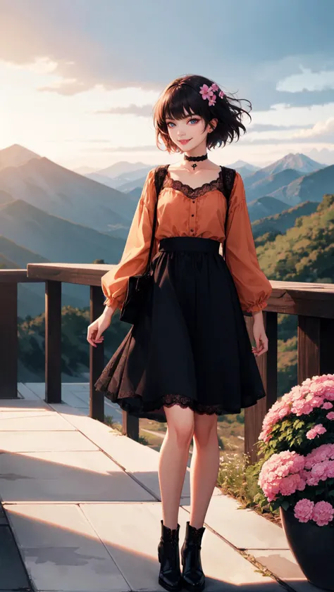 choker,flower,short hair,realistic eyes,smug,sky,mountain,outdoors,cloud,bangs,pink flower,orange shirt,parted lips,lips,lace trim,black choker,mountainous horizon,cloudy sky,standing,holding_flowers,<lora:oujuV2:0.3>,dynamic_angle,looking_at_viewer,evil smile,mksks style,SLE,detailed background,wide_shot,depth of field,full body,bokeh,contour_deepening,strong wind,adjusting_hair,