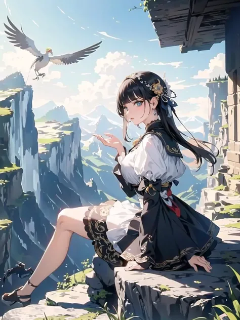 (masterpiece, highest quality, 8k, 16k, high quality, best quality:1.3, absurdres, highres, digital art, intricate),
1 girl,The Reclusive Dragon,
detailed beautiful face,
detailed beautiful eyes,
looking Rock of Mountains from side on rock,
crane dress, skirt,