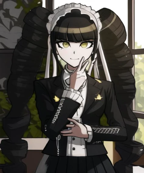 CelestiaDG, bangs
, long sleeves, cowboy shot, long hair, drill hair, twintails
, high school class
, greeting you politely, using her hand to rub her hair, grab sideburn
, meeting you for the first time
, elegant clothes with black skirt
, near window, table, tree
, hard light at woman, accurate "body proportions", accurated face, pores, highly detailed pupils, best quality, SFW, <lora:danganronpa style:1>, <lora:DG Celestia:0.6>
