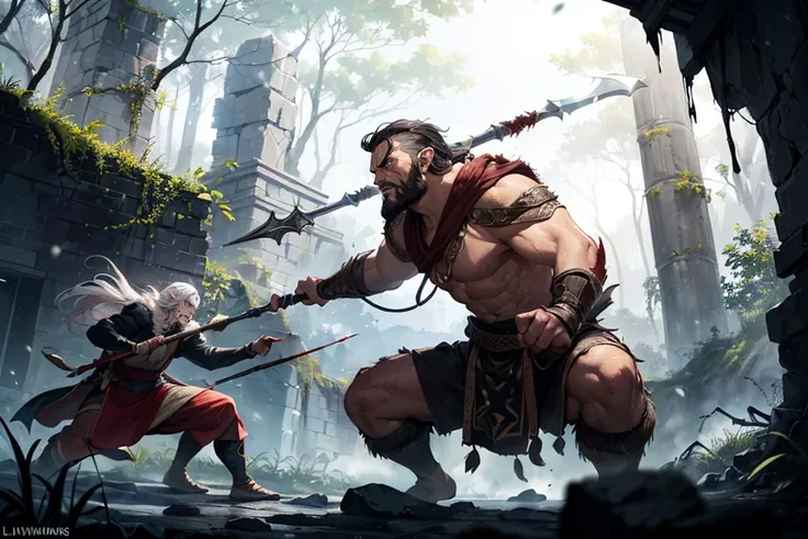 Action scene, dynamic pose, firm stance, combat stance,
Focus on (middle earth, Barbarian Letting out a bloodcurdling roar as they charge into battle, wielding a massive battle axe, Master, Tall, Athletic, Diamond-Shaped Face, Tan Skin, Gray Hair, Blue Eyes with Green Flecks, Narrow Nose, Pouty Lips, Prominent Chin, Stubble, Short, Comb Over, An ancient, mystical ruin, hidden deep in a dense, overgrown jungle, Tolkien) fighting (Kobold),
In a hidden monastery in the snowy mountains, where monks master the art of levitation,