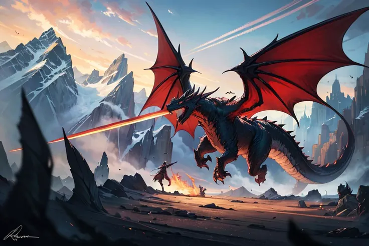 masterpiece, best quality, greg rutkowski, dragon, weapon, sword, breathing fire from mouth, fantasy, armor, holding weapon, both wings outstretched, holding sword, holding, signature, battle, riding, scenery, mountain, outdoors, multiple people , very detailed, high resolution, sharp, sharp image, 4k, 8k,