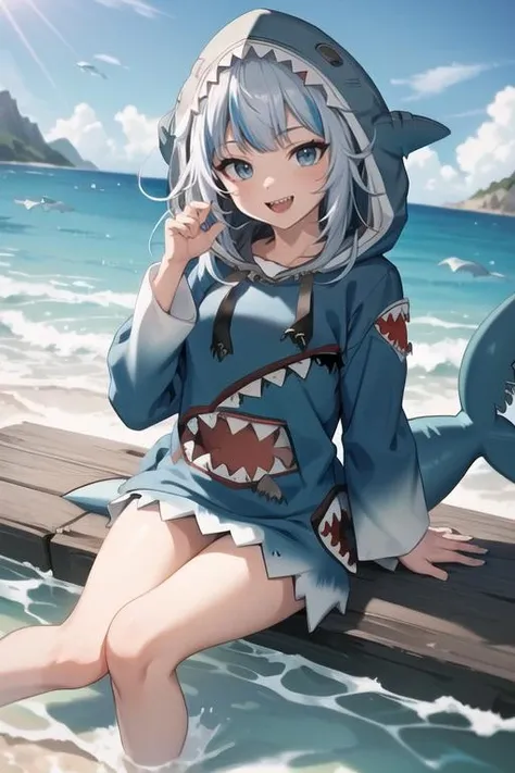 (masterpiece, highest quality, 8k, 16k, high quality, best quality:1.3), gura gawr, blue hair, grey hair, medium hair, multicolored hair, shark girl, sharp teeth, two side up, teeth, (animal hood:1.5), blue nails, fins, fish tail, hood, long sleeves, (shark hood:1.5), shark tail, tail, outside, beach, smiling, looking at viewer <lora:GoodHands-beta2:1> <lora:guragawr-lyco-nochekaiser:1>