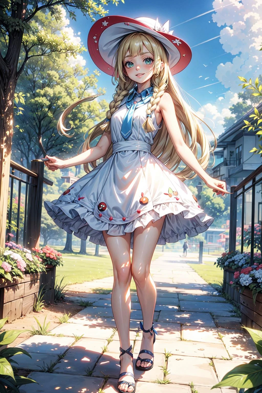 <lora:lillie by Goofy Ai:0.7>, ((lillie)),
BREAK((solo, 1girl, adorable, young female, cute girl), (full body:1.3), soft light, dynamic angle, dynamic postures, detailed shadow,)
BREAK((blonde hair, long hair, twin braids and straight long hair, green eyes):1.1, white dress, collared dress, white stockings, black sandal, sleeveless dress, sun hat, white hat),
BREAK((evil smile),(a girl throwing a Poke ball to viewer)),
BREAK(perfect(anatomy,body,face,hand,leg,foot)),
BREAK(beautiful detailed girl, glossy pink lips, Milky skin, shiny skin:1.2)
BREAK(<lora:cozy animation scenes_20230824111332:0.4>, PIXIV, cozy, outdoors, garden park, detailed park, spring, day, (wide view, wide-angle lens)),
BREAK(<lora:more_details:0.5>, extremely detailed, CG, 8k Amazing, finely detail, (masterpiece:2.0, best quality), (intricate details, depth of field),),